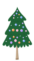 Hand drawn Christmas tree with garland lights and balls. Winter holiday concept, traditional festive design for greeting cards, posters, and invitations. Raster artwork with textured brush style.