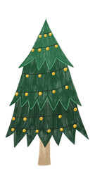 Hand drawn Christmas tree with garland lights.Winter holiday concept, traditional festive design for greeting cards, posters, and invitations. Raster artwork with textured brush style.