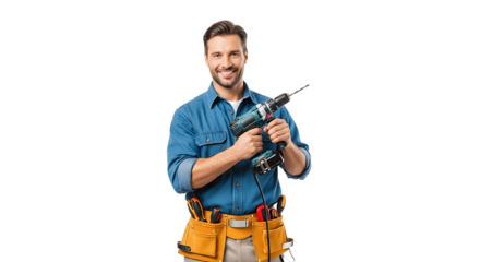Confident handyman, ready to take on any project, smiles as he grips his drill. His belt is full of tools.