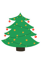 Hand drawn Christmas tree with garland lights and balls.Winter holiday concept, traditional festive design for greeting cards, posters, and invitations. Raster artwork with textured brush style.