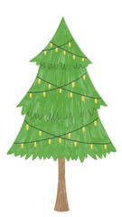 Hand drawn Christmas tree with garland lights.Winter holiday concept, traditional festive design for greeting cards, posters, and invitations. Raster artwork with textured brush style.