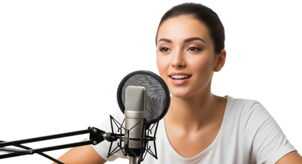 Woman recording podcast in a studio with professional microphone and equipment, smiling and engaging her audience.