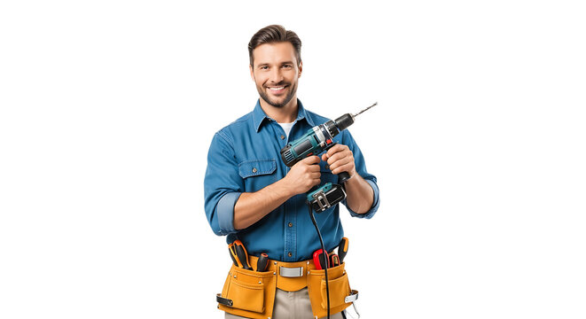 Confident handyman, ready to take on any project, smiles as he grips his drill. His belt is full of tools.
