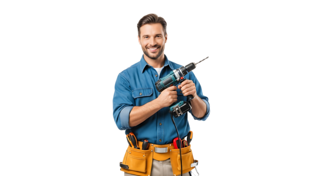 Confident handyman, ready to take on any project, smiles as he grips his drill. His belt is full of tools.