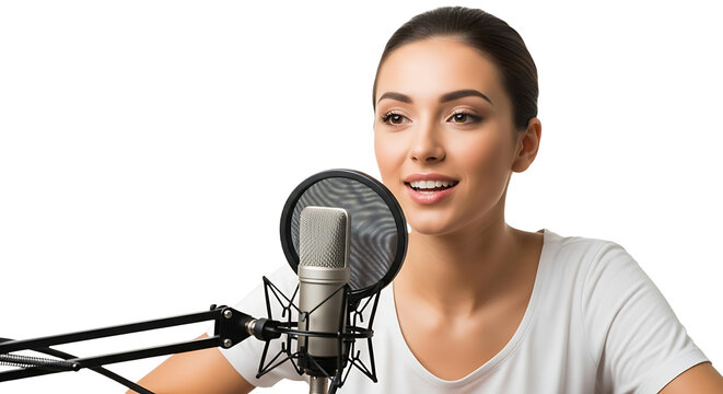 Woman recording podcast in a studio with professional microphone and equipment, smiling and engaging her audience.