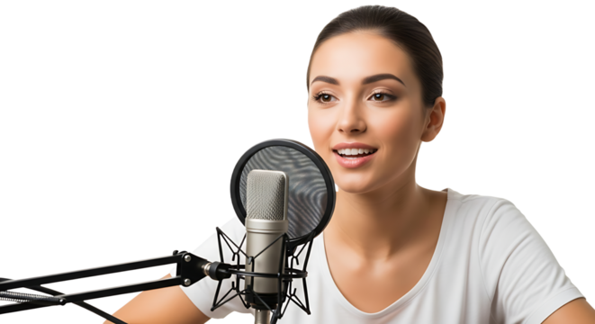 Woman recording podcast in a studio with professional microphone and equipment, smiling and engaging her audience.