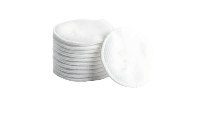Stack of soft cotton pads isolated on a transparent background, ideal for skincare, makeup removal, and personal hygiene.