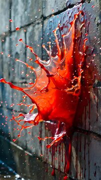 Extreme Close-Up Slow-Motion Splash: Crimson Liquid Against Textured Concrete Under Midday Sun.
