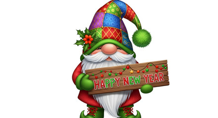 Festive christmas gnome holding a merry christmas sign isolated on transparent background