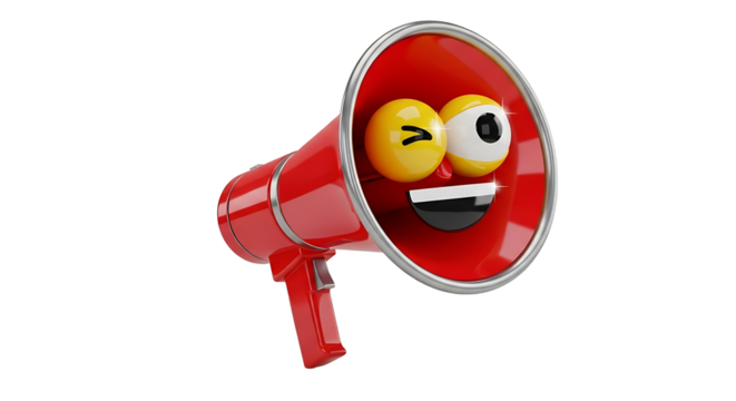 A vibrant red megaphone with cartoon eyes and a smile, poised to amplify messages with playful enthusiasm.