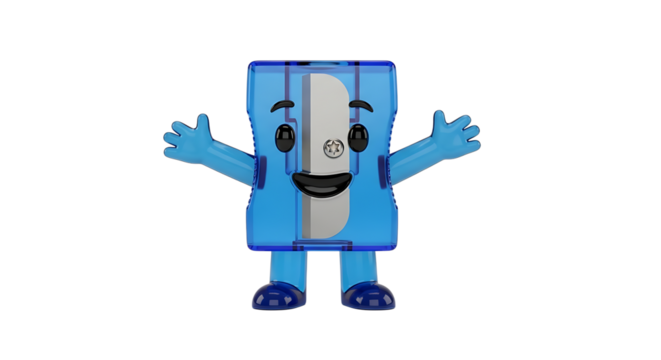 A smiling, anthropomorphic pencil sharpener stands with arms outstretched, eager to sharpen writing tools. 