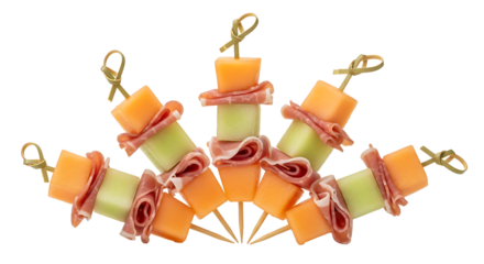 Exquisite melon and ham skewers arranged in a semicircle, a sophisticated appetizer or refreshing snack presentation.