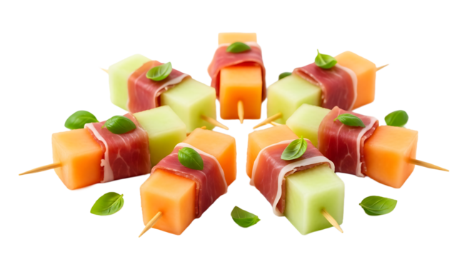 Elevated view of fruit skewers with melon and cured meat, artfully arranged with fresh basil garnish, clean background.