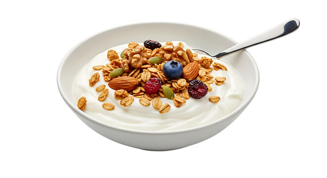 A white bowl of creamy yogurt is topped with granola, nuts, seeds, and berries, with a spoon on the side, a healthy start