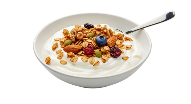 A white bowl of creamy yogurt is topped with granola, nuts, seeds, and berries, with a spoon on the side, a healthy start