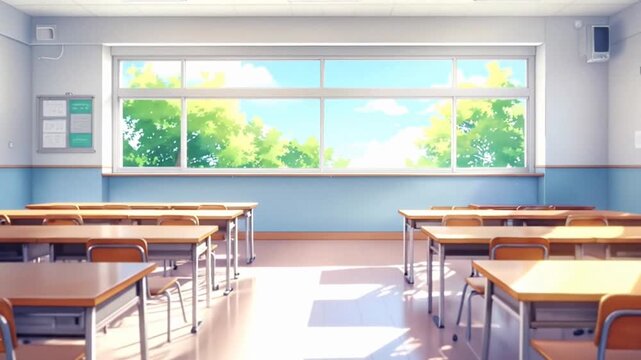 Bright and airy classroom with empty desks and a sunny window view.