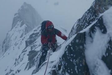 A dedicated mountaineer is climbing a snowy mountain, braving harsh weather conditions. The scene captures the essence of adventure and challenges faced in extreme environments.