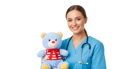 Kind healthcare worker smiling while holding a cute teddy bear, showing empathy and care in pediatric healthcare.