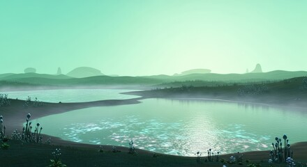 Fototapeta premium Alien Planet Landscape with Misty Lakes and Strange Flora.