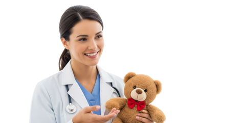 Friendly female doctor with stethoscope in lab coat holds a teddy bear, ensuring a comforting experience for her young patients.