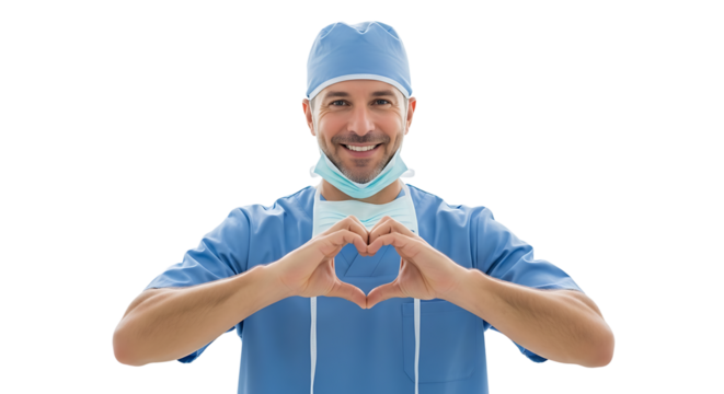 Cheerful surgeon in scrubs expresses care and compassion, making a heart symbol with his hands and smiling genuinely.