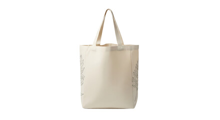 A reusable cream-colored tote bag with leafy designs stands against a transparent background, offering eco-friendly style.