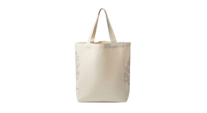 A reusable cream-colored tote bag with leafy designs stands against a transparent background, offering eco-friendly style.