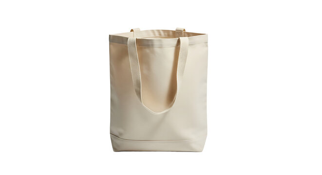 A reusable cream-colored tote bag with sturdy, white handles stands upright against a dark contrasting background.