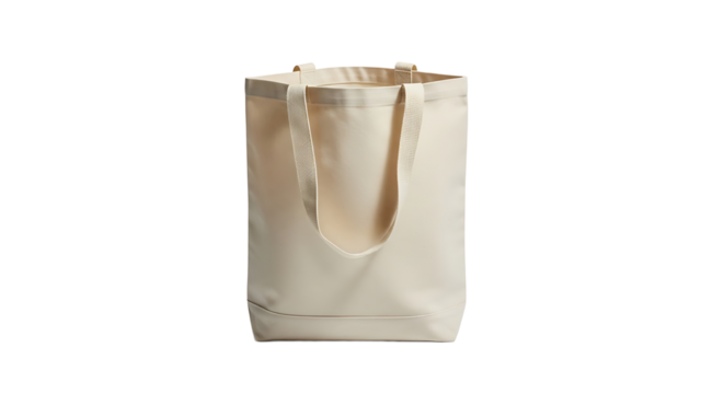 A reusable cream-colored tote bag with sturdy, white handles stands upright against a dark contrasting background.