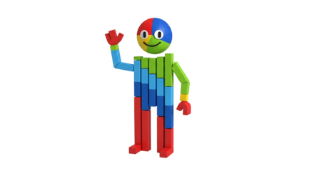 A friendly, multi-colored toy figure stands with a smile, waving hello on a transparent background. Very colorful and cute.