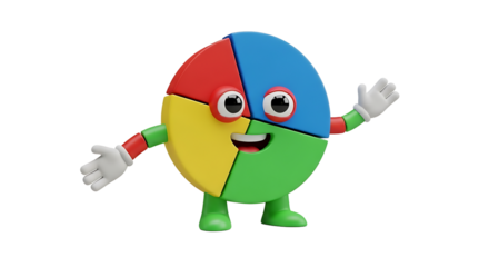 A cute anthropomorphic pie chart with red, blue, yellow, and green slices, waving its arms with a cheerful smile.