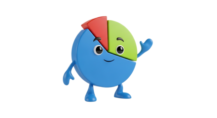 Enliven financial data with a cheerful pie chart character showing red, green and blue sections on a transparent background. 