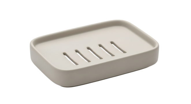 An elevated beige soap dish has a minimalist aesthetic. The dish has drainage slots and rounded edges on all sides.