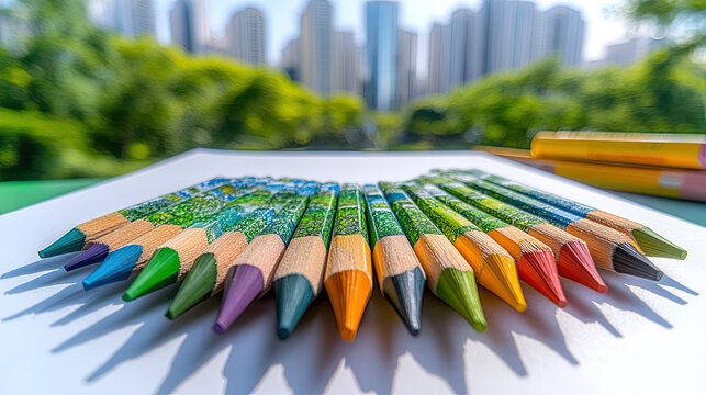 Colorful colored pencils arranged in vibrant display, set against blurred cityscape background. pencils various shades, perfect for artistic