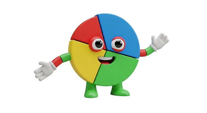 A cute anthropomorphic pie chart with red, blue, yellow, and green slices, waving its arms with a cheerful smile.