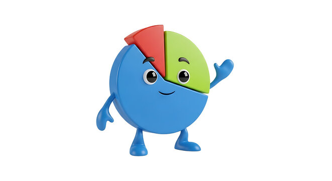 Enliven financial data with a cheerful pie chart character showing red, green and blue sections on a transparent background. 