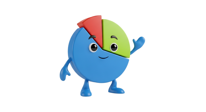 Enliven financial data with a cheerful pie chart character showing red, green and blue sections on a transparent background. 