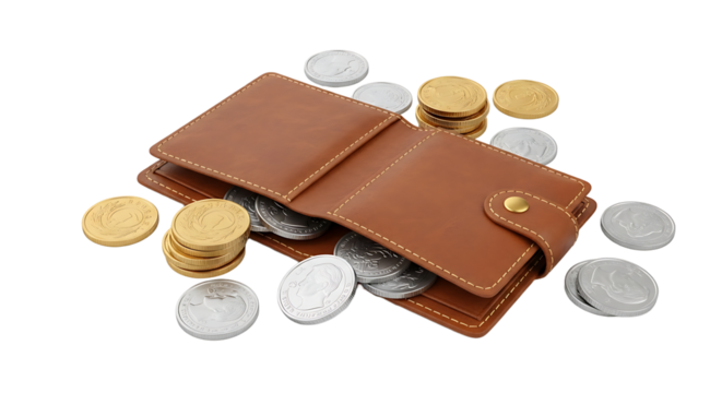 An open brown leather wallet filled with and surrounded by scattered golden and silver coins on a black surface.