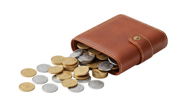 An overflowing wallet with different coins shows saving money and financial investment strategies. It is transparent background. - Powered by Adobe