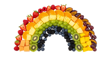 An artfully arranged fruit platter displays a rainbow made of colorful fresh fruits on a transparent background surface.