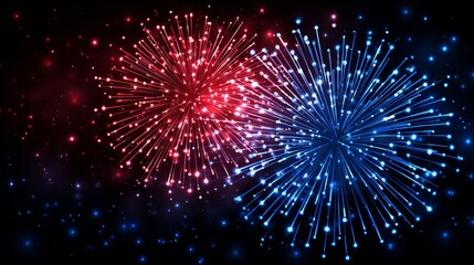 Exploding red and blue fireworks light up the night sky, creating a vibrant and festive celebration perfect for holidays and events.