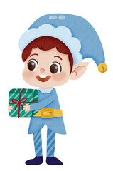 Smiling Christmas Elf Boy with Present Illustration. Christmas Ornament for Festive Decoration