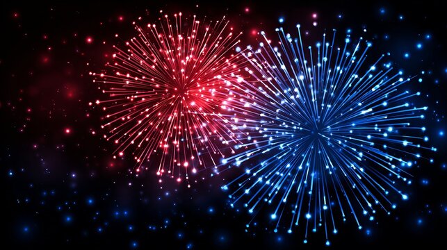 Exploding red and blue fireworks light up the night sky, creating a vibrant and festive celebration perfect for holidays and events.