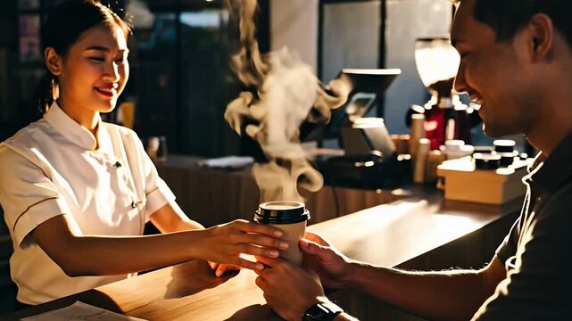 A barista serves a steaming cup of coffee with a warm smile.
