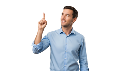 An attractive man points upwards with a smile and dressed in blue shirt stands out on a plain transparent background.