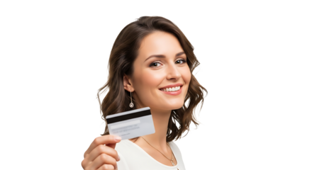 A smiling woman is joyfully displaying a credit card, her face radiant with enthusiasm and confidence for purchases.