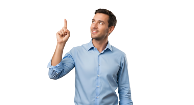 An attractive man points upwards with a smile and dressed in blue shirt stands out on a plain transparent background.