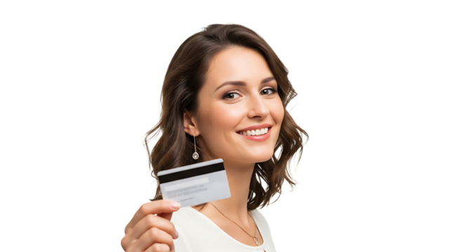 A smiling woman is joyfully displaying a credit card, her face radiant with enthusiasm and confidence for purchases.