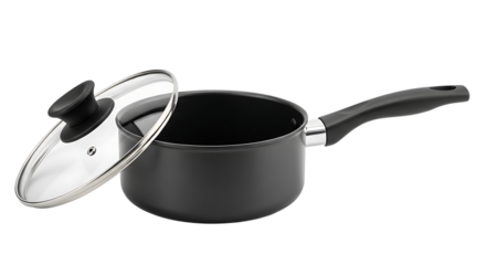 A sleek black saucepan with a transparent lid, poised for culinary creations in any kitchen setting. Clean and efficient.