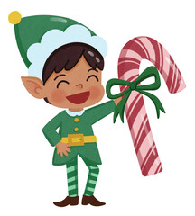 Cute Boy in Green Christmas Elf Costume Holding a Giant Candy Cane